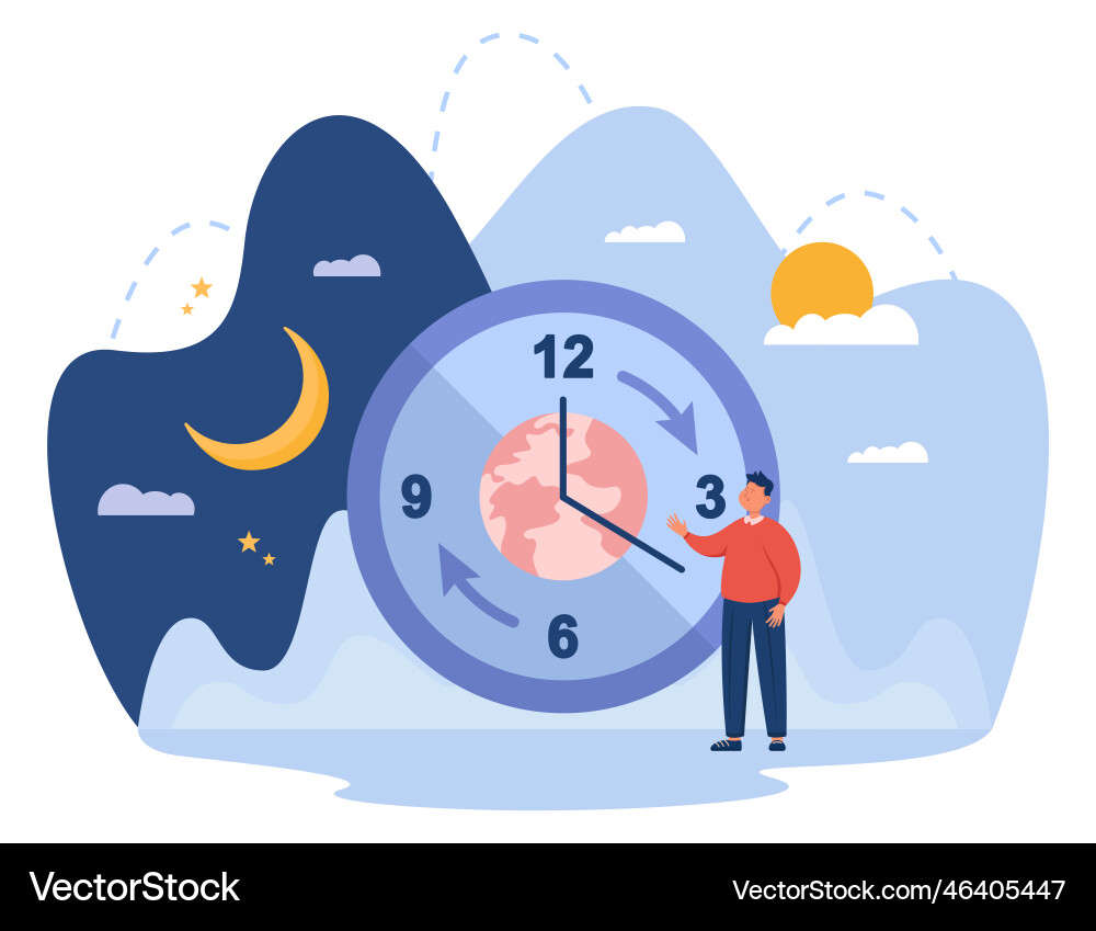 Tiny man standing next to huge clock with planet Tiny man standing next to huge clock with planet Vector Image