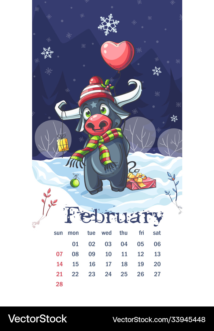 2021 kalender februar lustig karikatur bull 2021 kalender februar lustig karikatur bull vektorbild