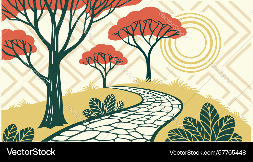 Scenic winding path through colorful trees design Vector Image