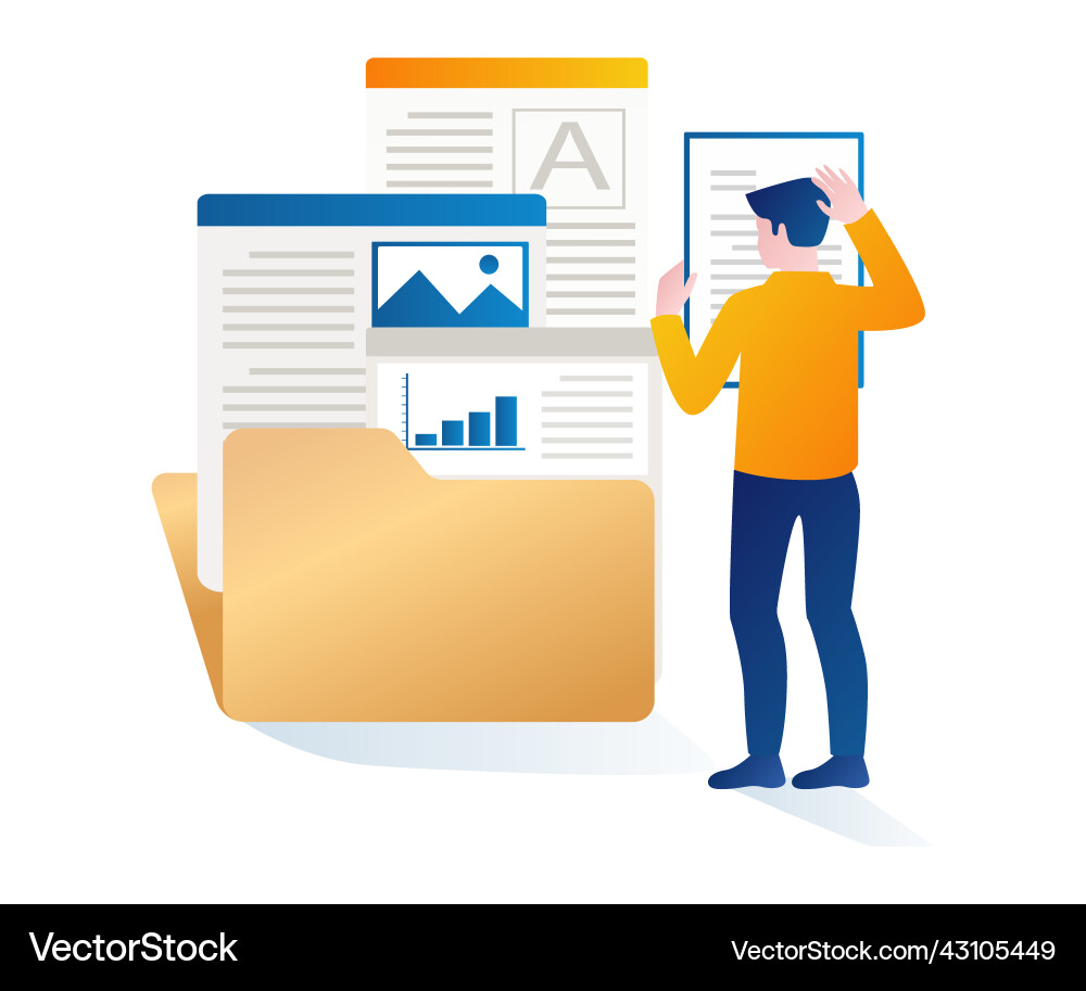 Confused man choosing data in folder Confused man choosing data in folder Vector Image