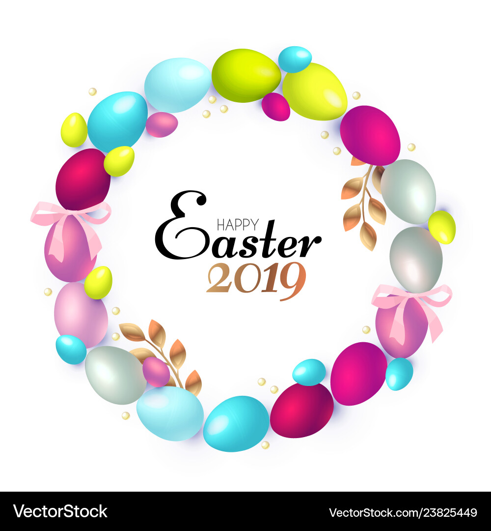 Easter wreath with realistic colorful eggs gold Easter wreath with realistic colorful eggs gold vector image