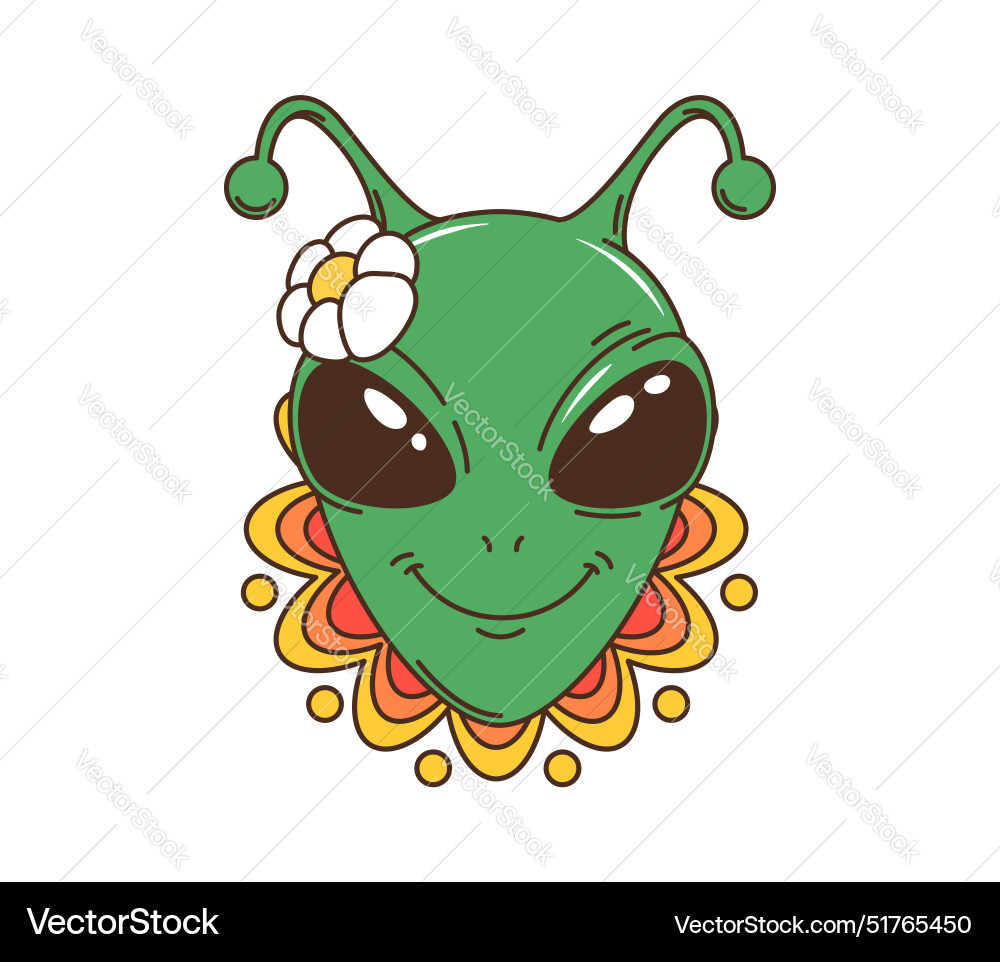 Cartoon groovy space funny alien in daisy flowers Cartoon groovy space funny alien in daisy flowers vector image