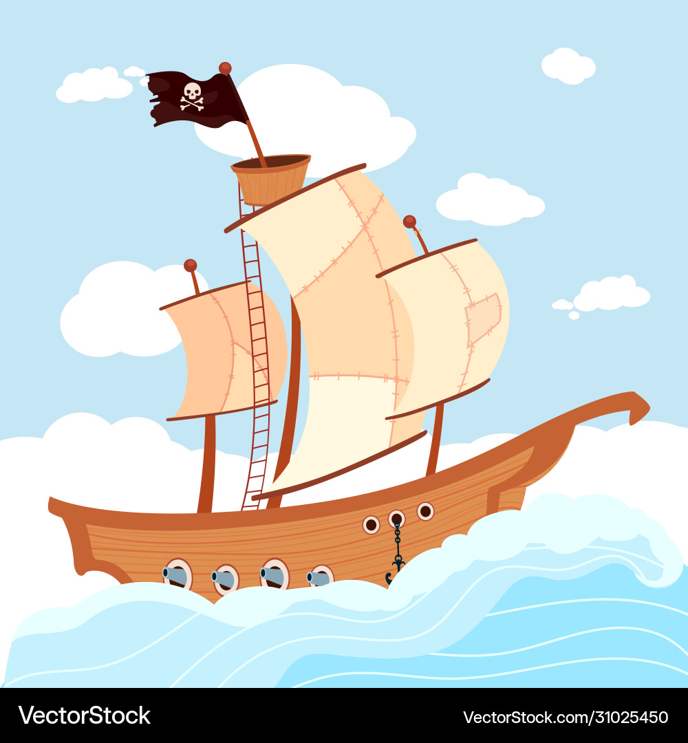 Cartoon pirate ship with black flag sailing in sea Cartoon pirate ship with black flag sailing in sea vector image