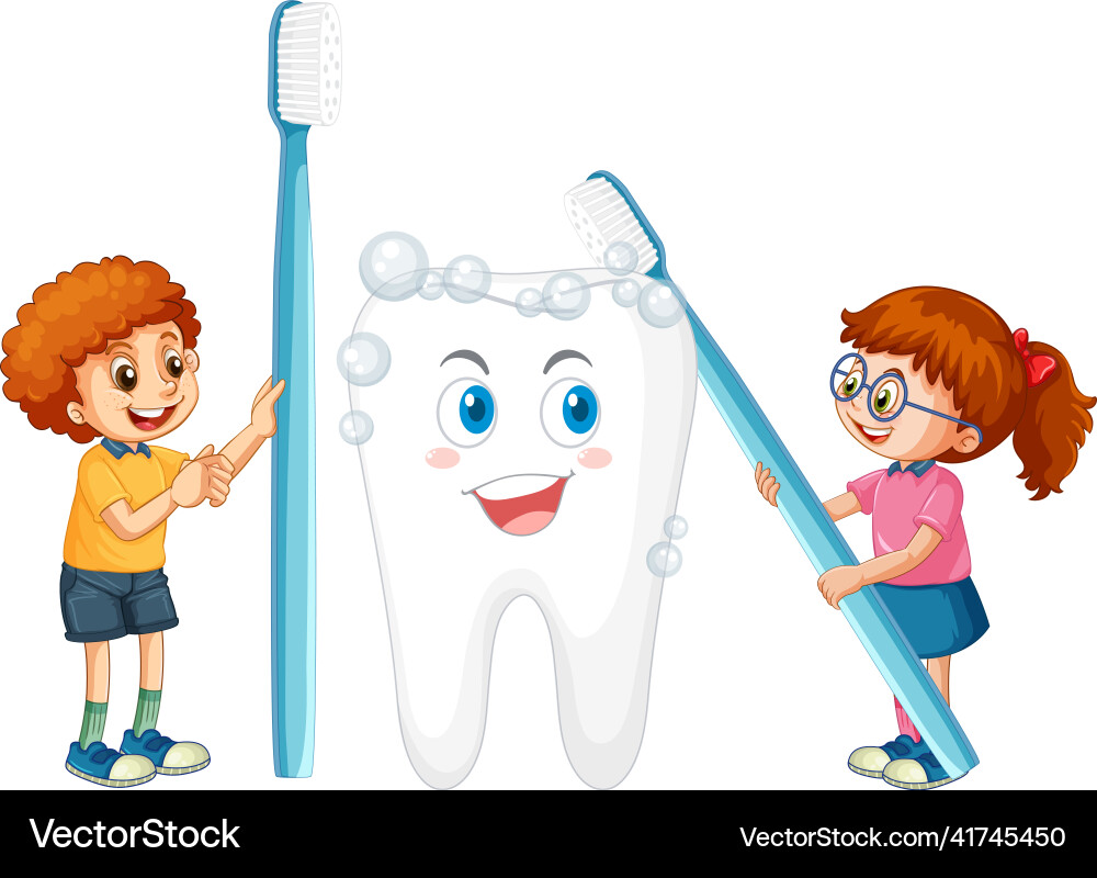 Happy kids brushing a big tooth with toothbrush Happy kids brushing a big tooth with toothbrush vector image