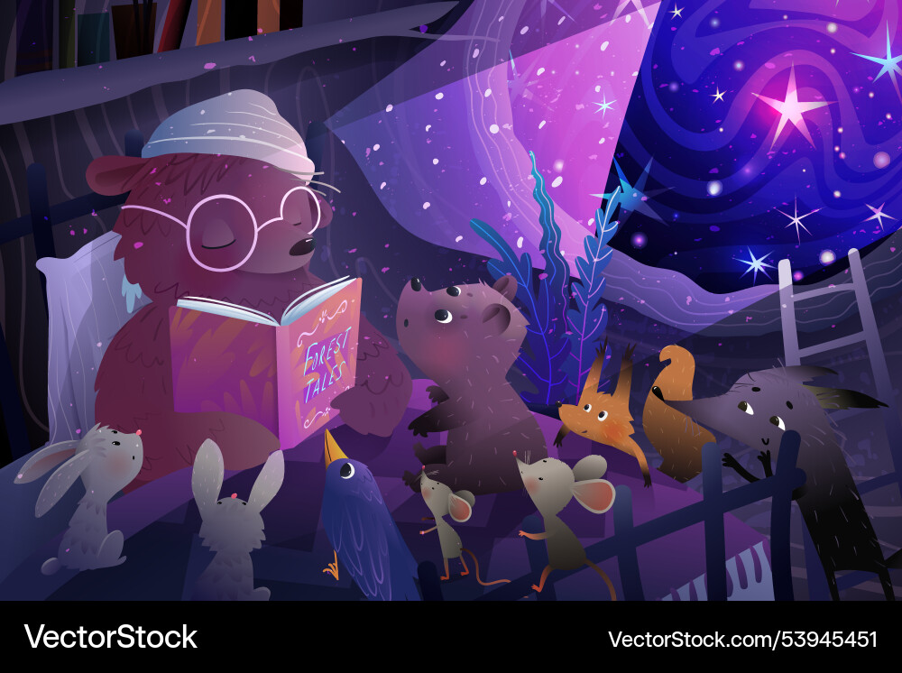 Bear read story book to baby animals at night Bear read story book to baby animals at night vector image