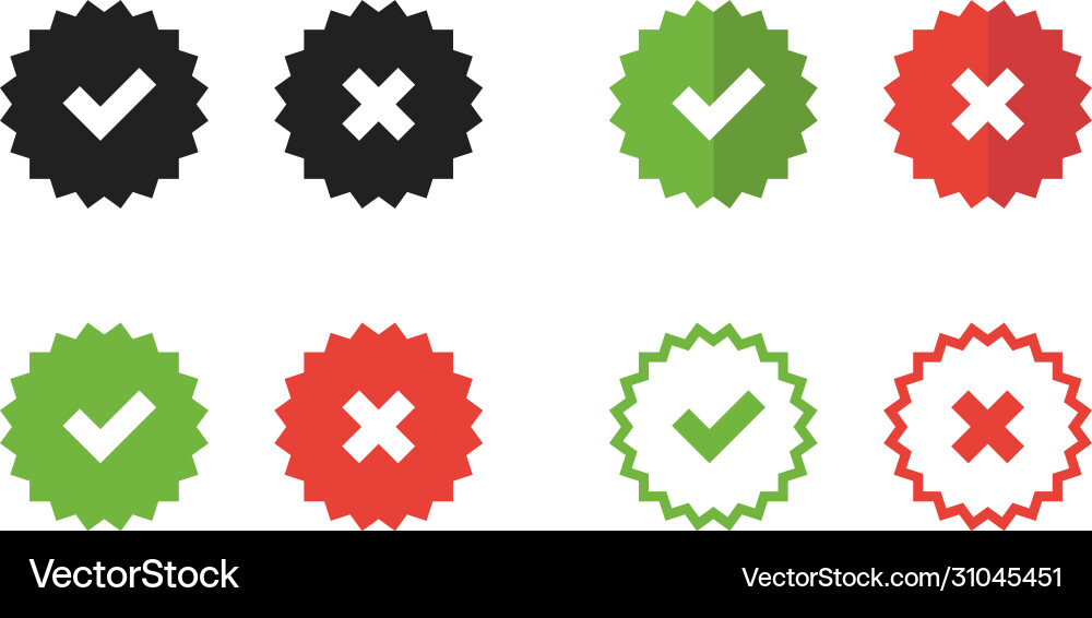 Check mark and cross isolated set icons Check mark and cross isolated set icons Vector Image