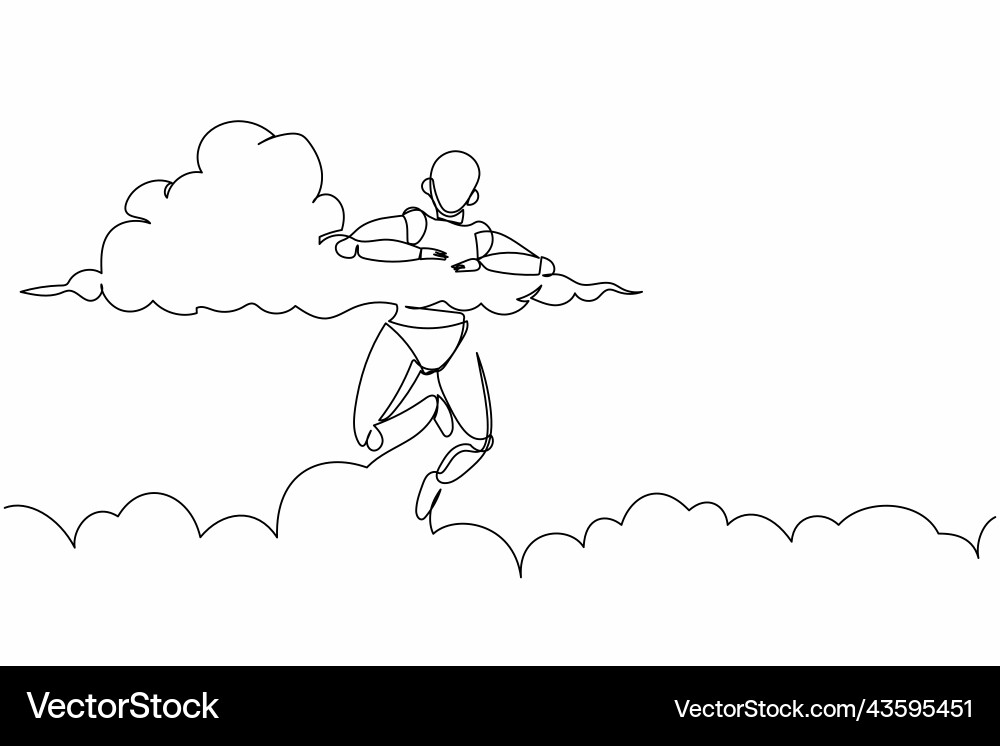 Continuous one line drawing robot hang in clouds Continuous one line drawing robot hang in clouds Vector Image