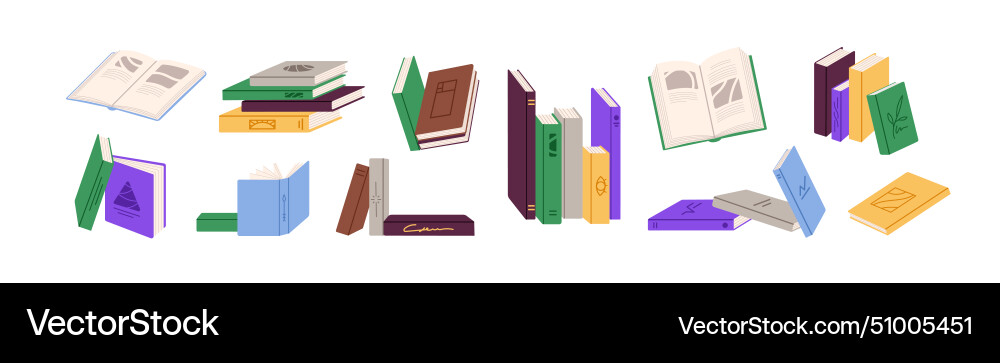 Stacks of paper books set open closed textbooks Stacks of paper books set open closed textbooks vector image