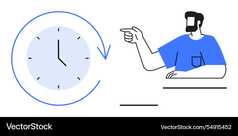 Man pointing towards analog clock with arrow Vector Image