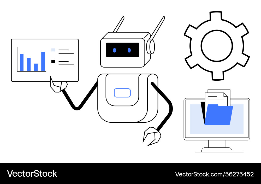 Robot analyzing data and managing files Robot analyzing data and managing files vector image