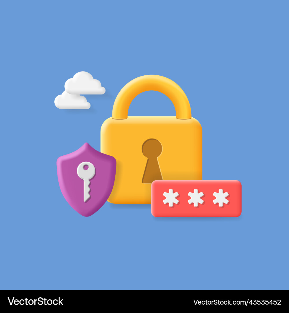 Shield padlock and password icons 3d style Shield padlock and password icons 3d style vector image