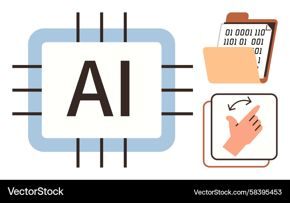AI Chip with Binary Data & Hand Vector Image