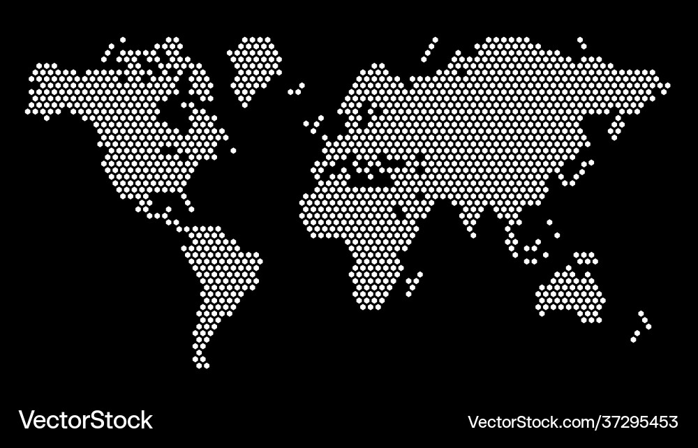 Black and white hexagonal pixel world map planet Black and white hexagonal pixel world map planet Vector Image