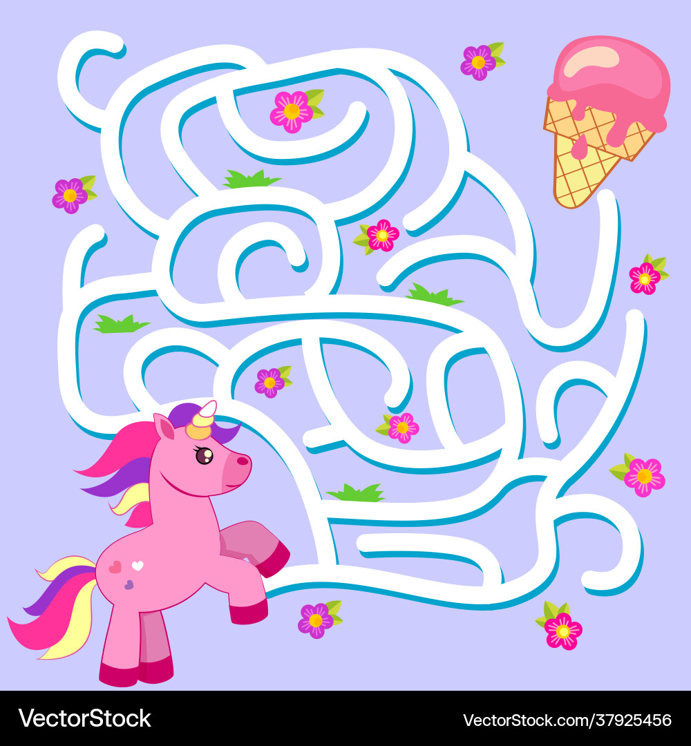 Help unicorn find path to ice cream labyrinth Vector Image