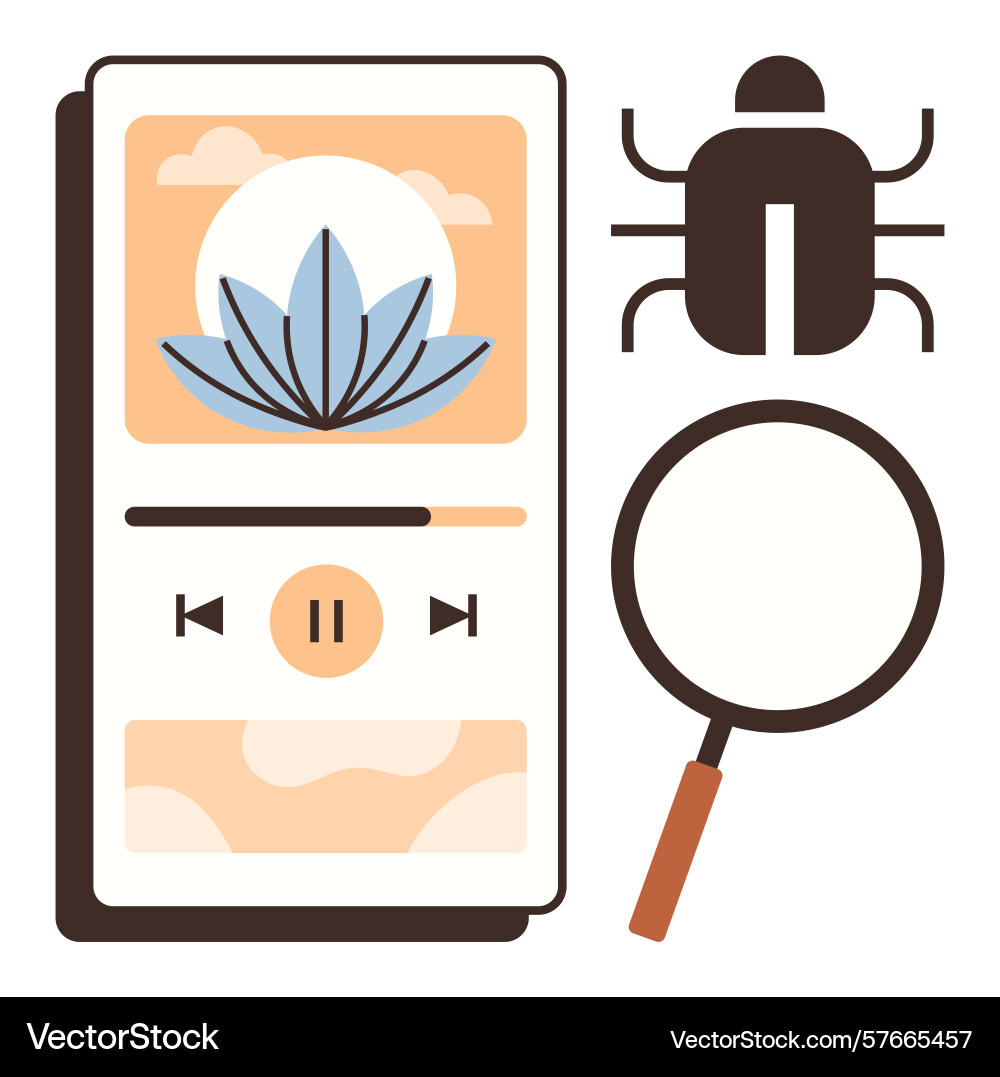 Mobile app interface with audio player magnifying vector image