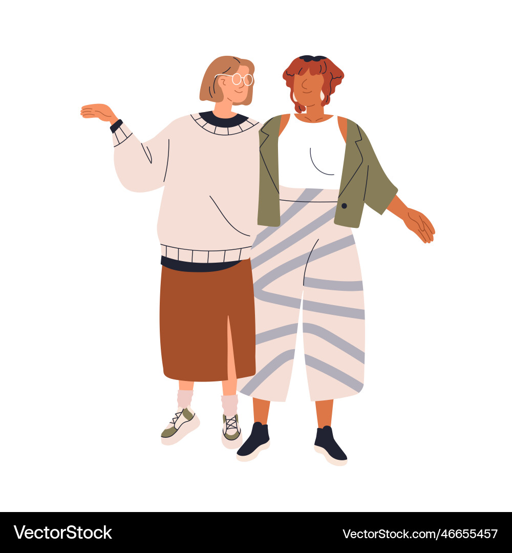 Young women friends walking hugging talking Young women friends walking hugging talking vector image