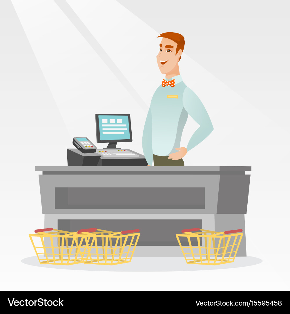 Cashier standing at the checkout in a supermarket Vector Image