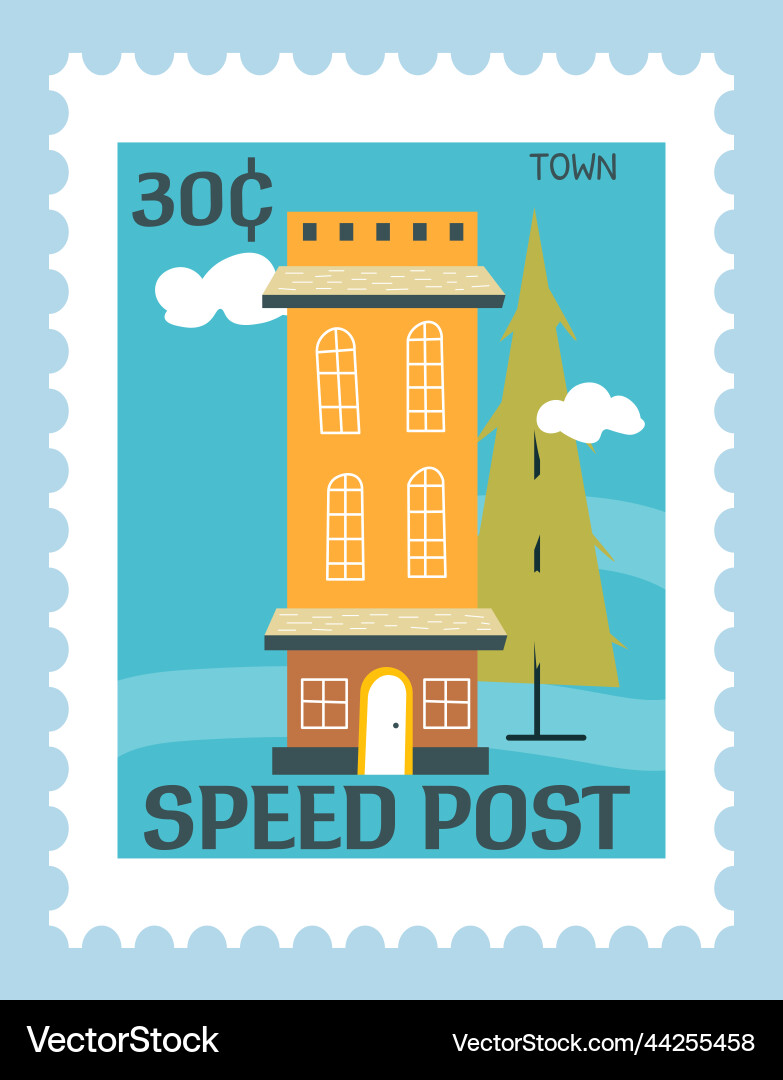 Postmark with architecture building postcard Postmark with architecture building postcard Vector Image