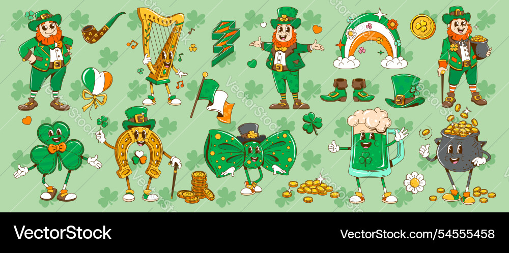 Retro groovy st patrick day characters objects Retro groovy st patrick day characters objects vector image