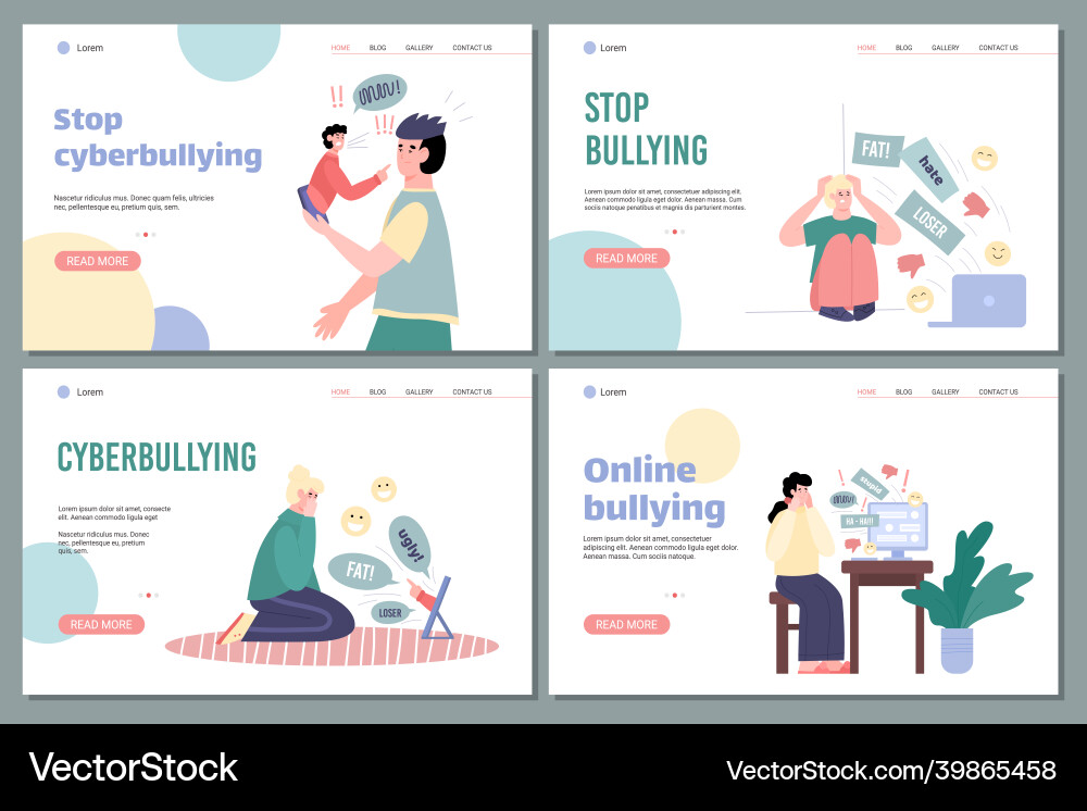 Set of web pages with call to stop cyberbullying Vector Image