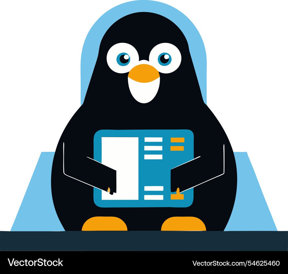 Penguin coder seated in an advanced workspace Vector Image