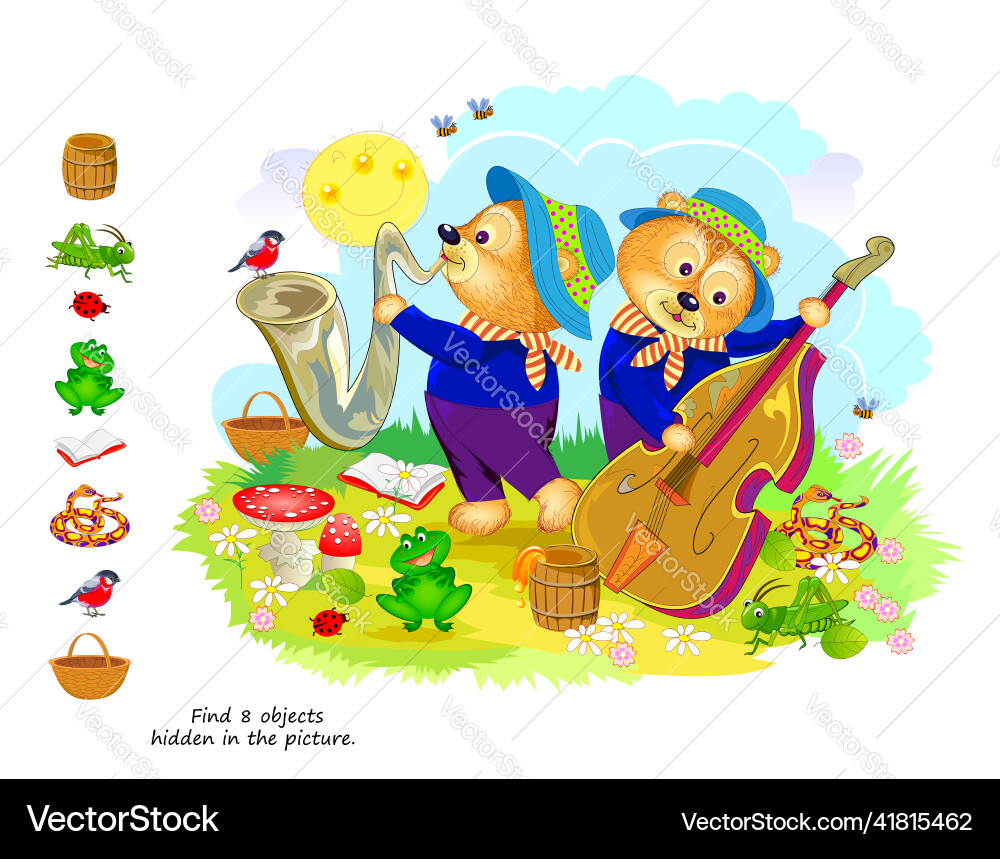 Kids Logic Puzzle: Find 8 Hidden Objects vector image