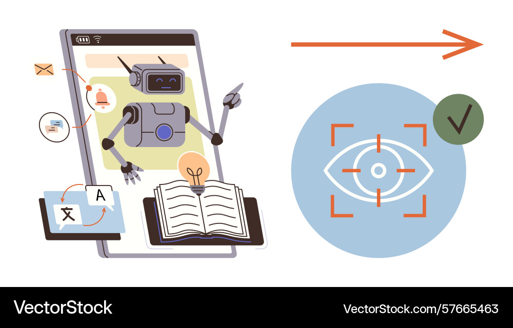 Robot tutor with open book translation apps Robot tutor with open book translation apps vector image