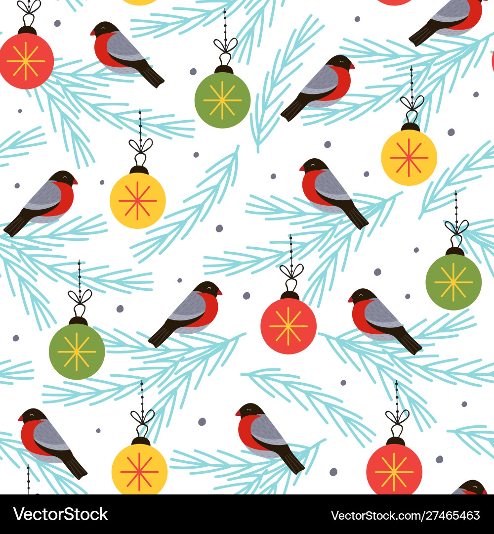 Seamless pattern with bullfinch on a spruce branch Vector Image