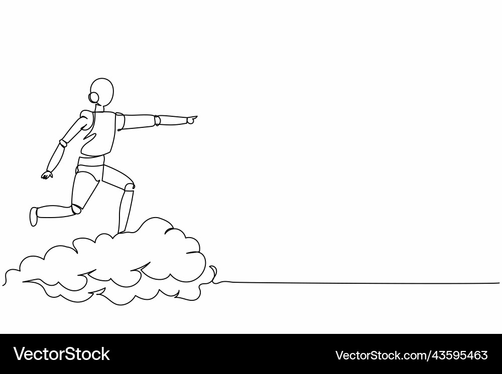 Single continuous line drawing robot riding cloud Single continuous line drawing robot riding cloud vector image