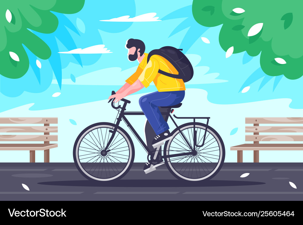 Flat young man with backpack rides on cycling vector image