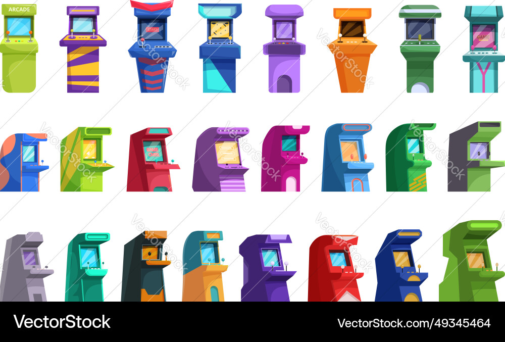 Retro arcade video game screen machine icons set Retro arcade video game screen machine icons set vector image