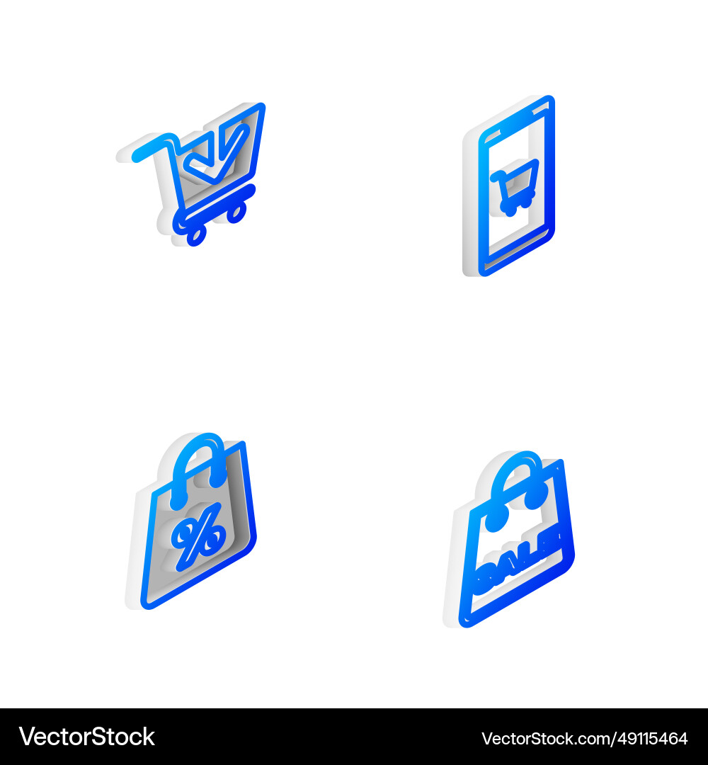 Set isometric line mobile and shopping cart add Vector Image