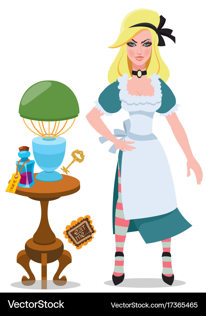 Alice beside the table with magical objects Vector Image
