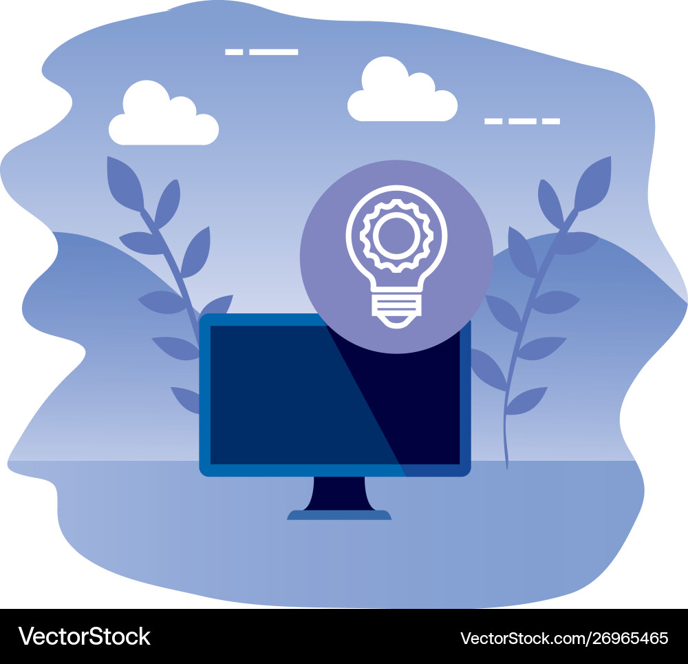 Desktop computer device with bulb light Vector Image