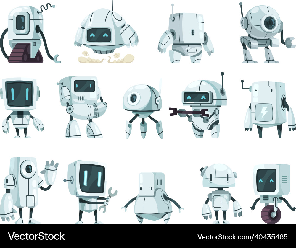 Futuristic robots cartoon characters set Futuristic robots cartoon characters set vector image