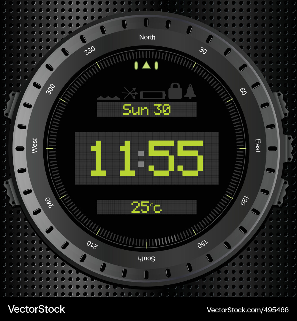 Black Digital Watch with Date and Temperature Vector Image