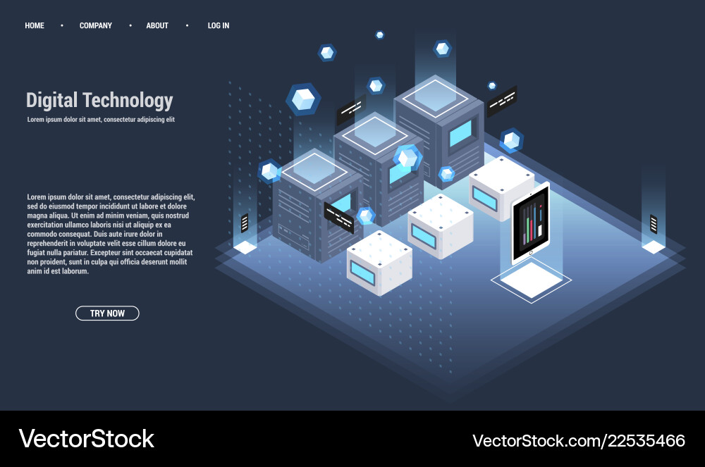 Isometric server room and big data processing Isometric server room and big data processing vector image