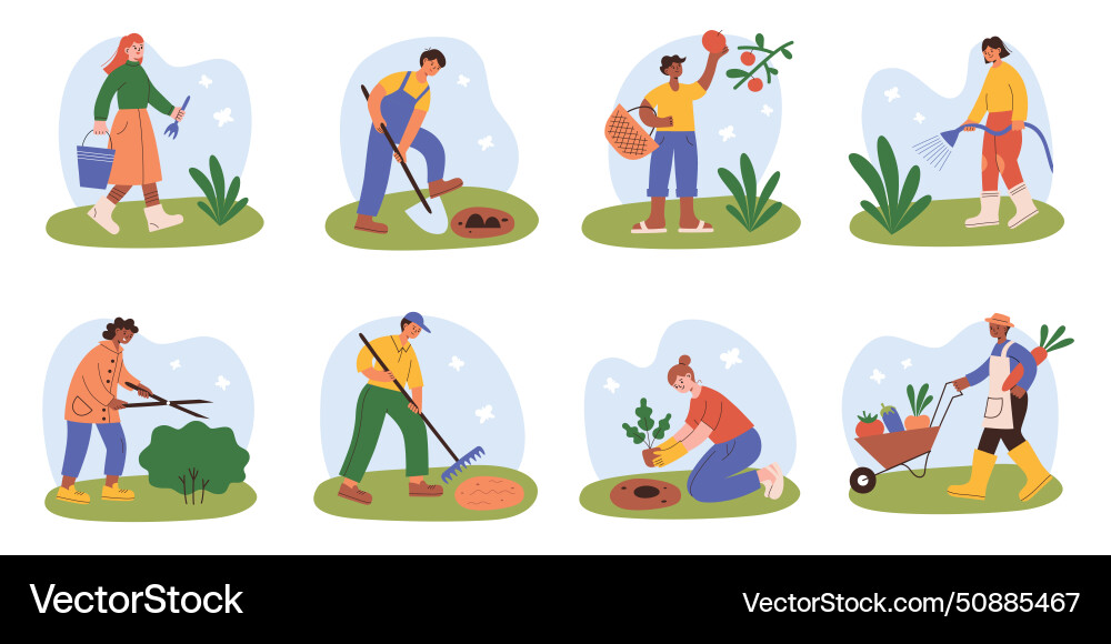 Cartoon characters working in garden gardening Cartoon characters working in garden gardening vector image