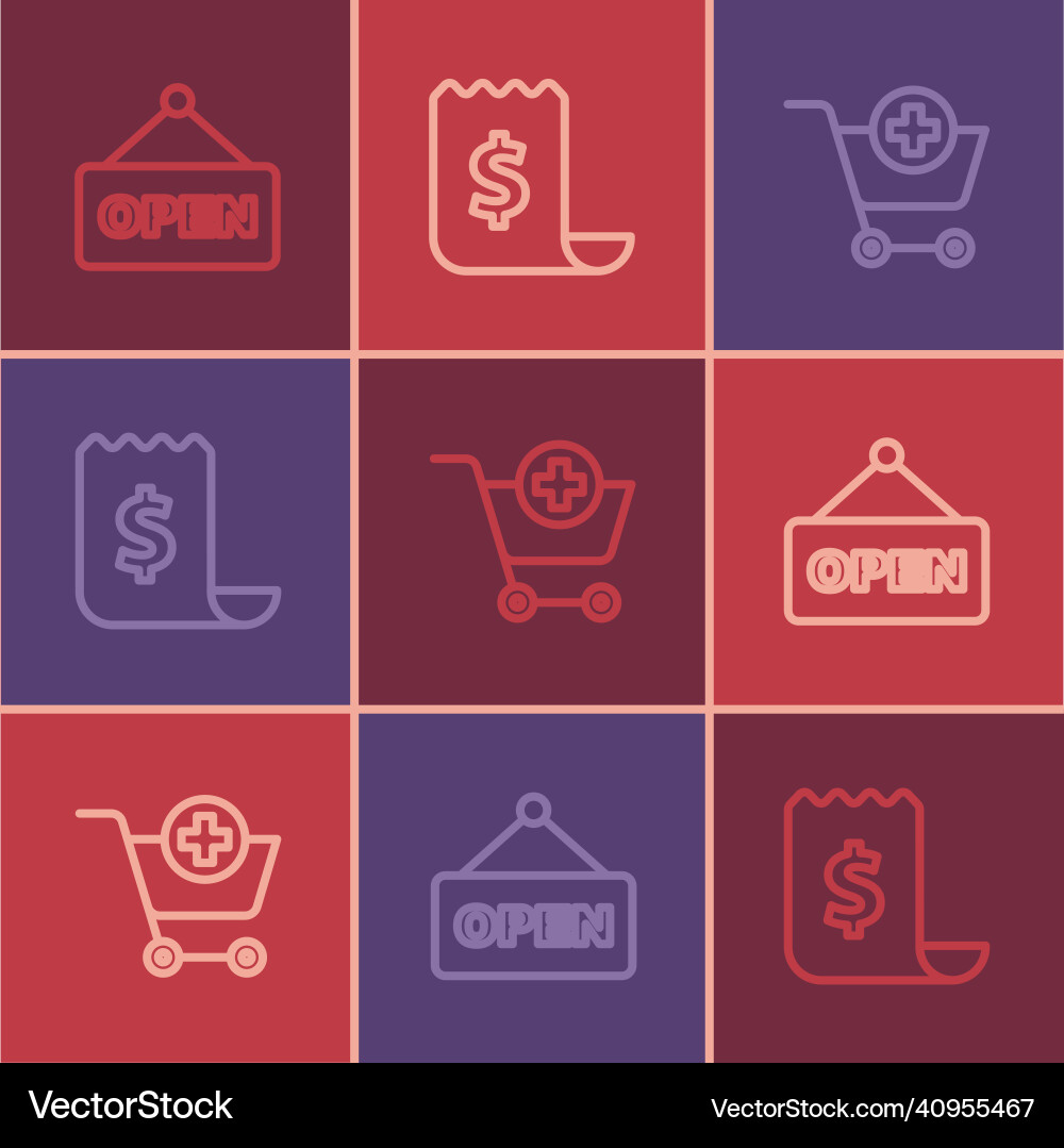 Set line hanging sign with text open add Set line hanging sign with text open add Vector Image
