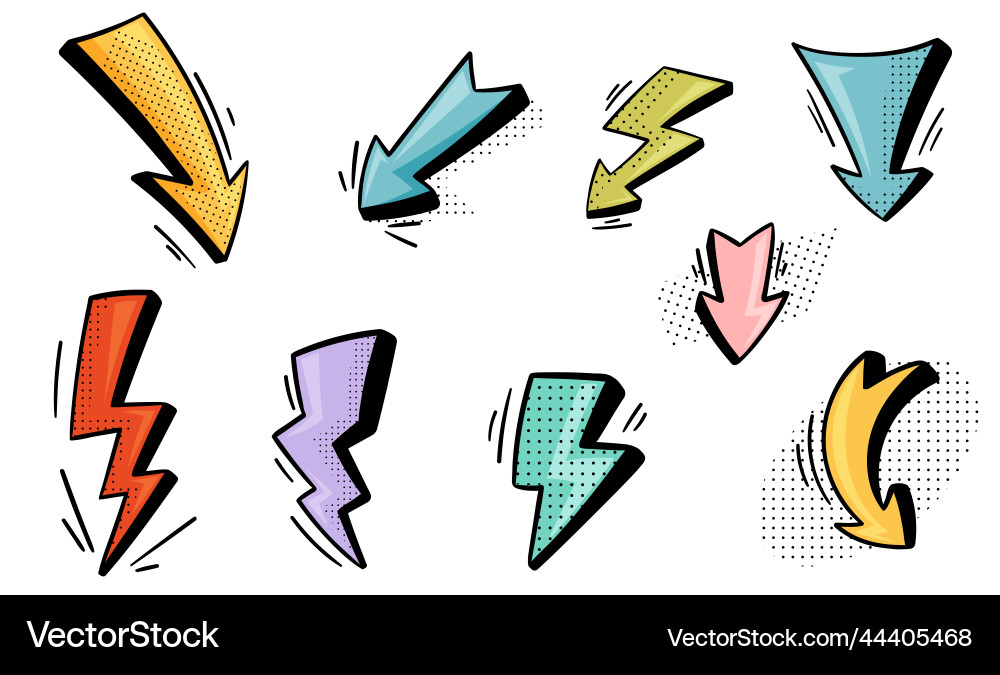Arrow and lightning flash with pointed end doodle Arrow and lightning flash with pointed end doodle Vector Image