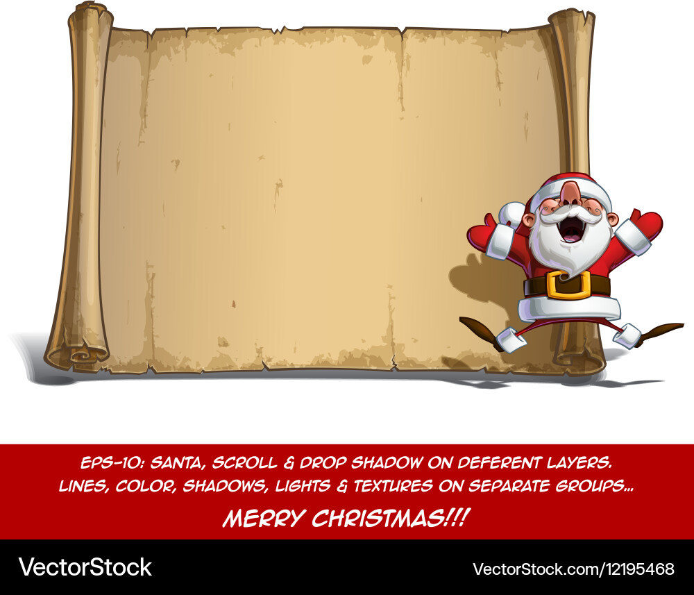 Happy santa scroll jumping in ecstasy with open Vector Image