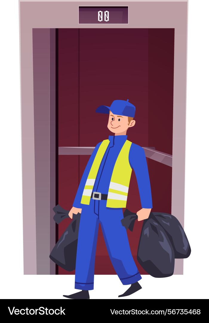 Man worker in uniform exits elevator with trash vector image