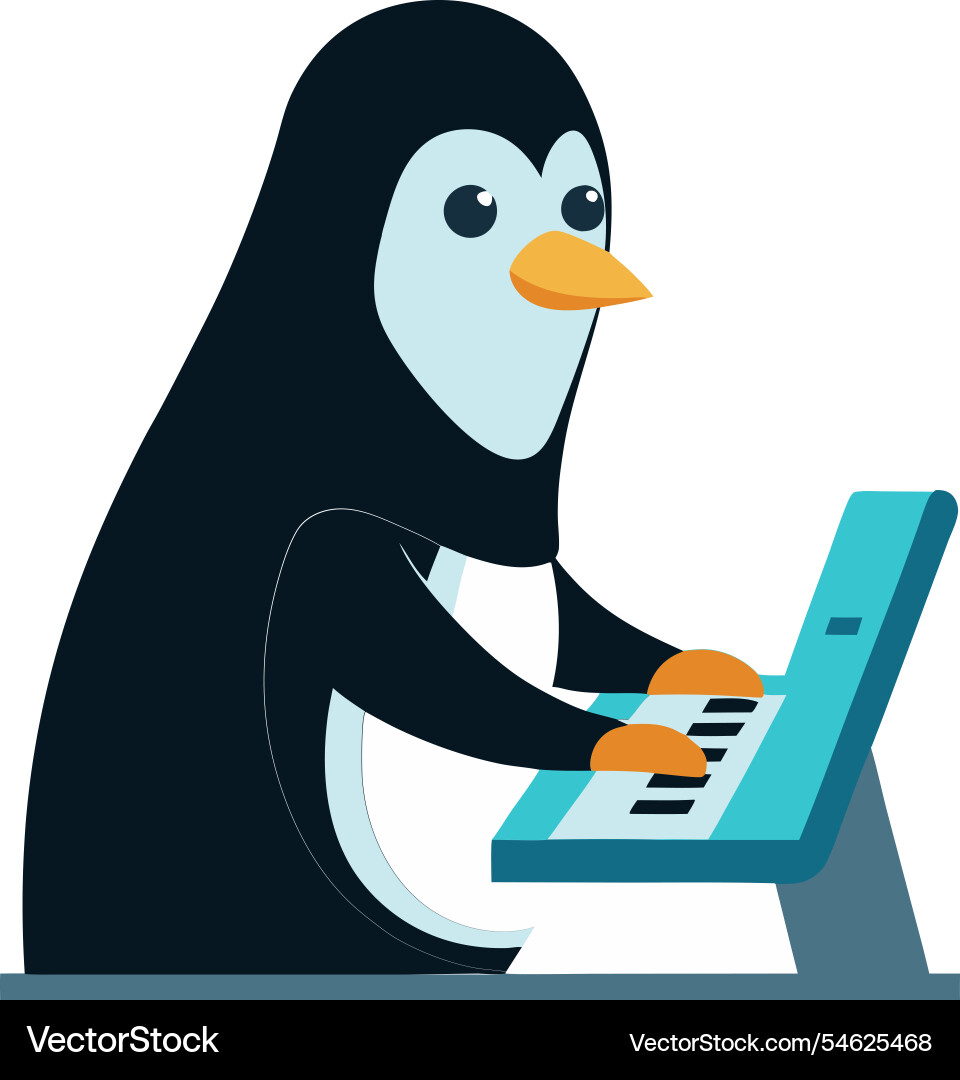 Penguin coder seated in an advanced workspace Vector Image