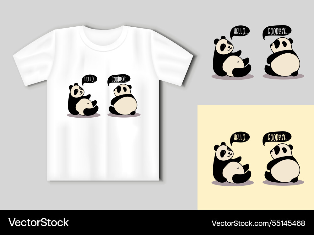 Two cute pandas with inscription hello and goodbye Two cute pandas with inscription hello and goodbye vector image