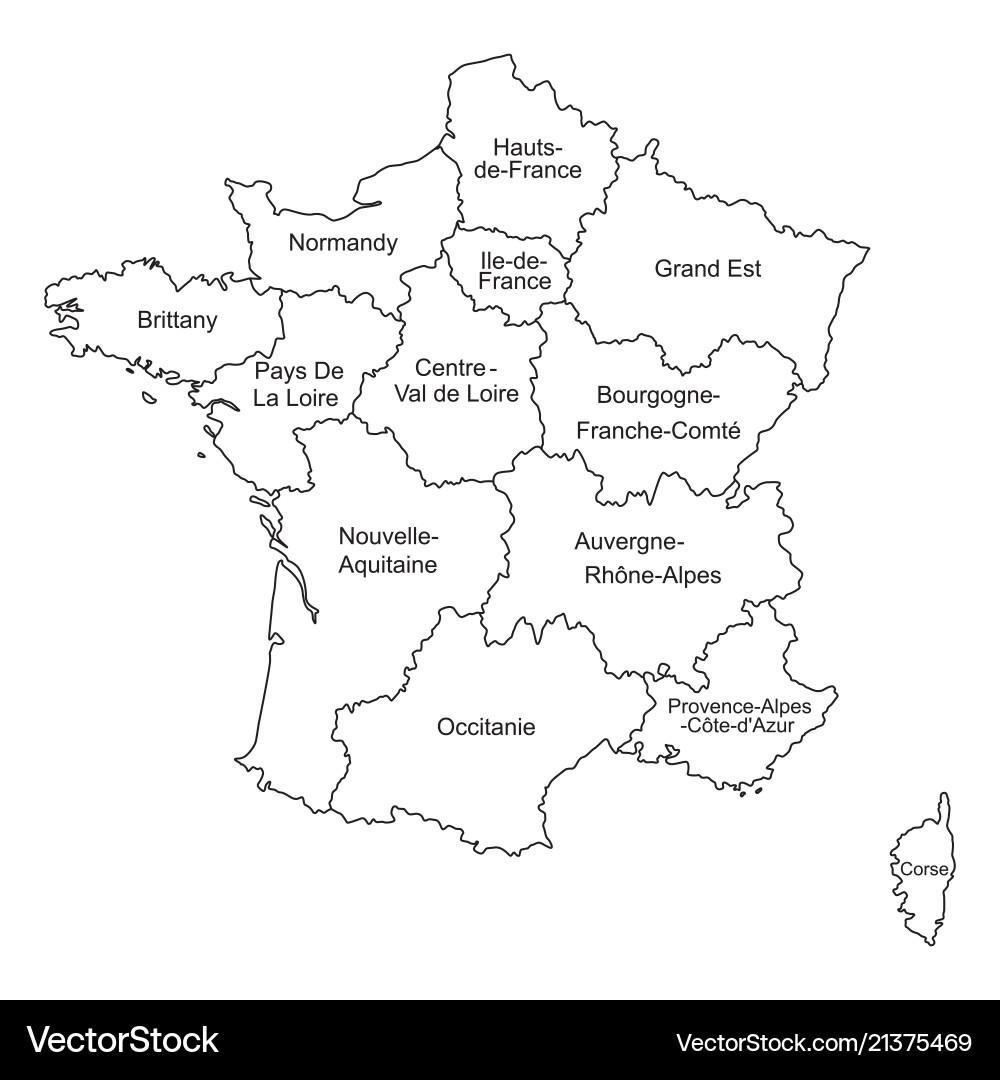 Black outlines map of france with names on white vector image