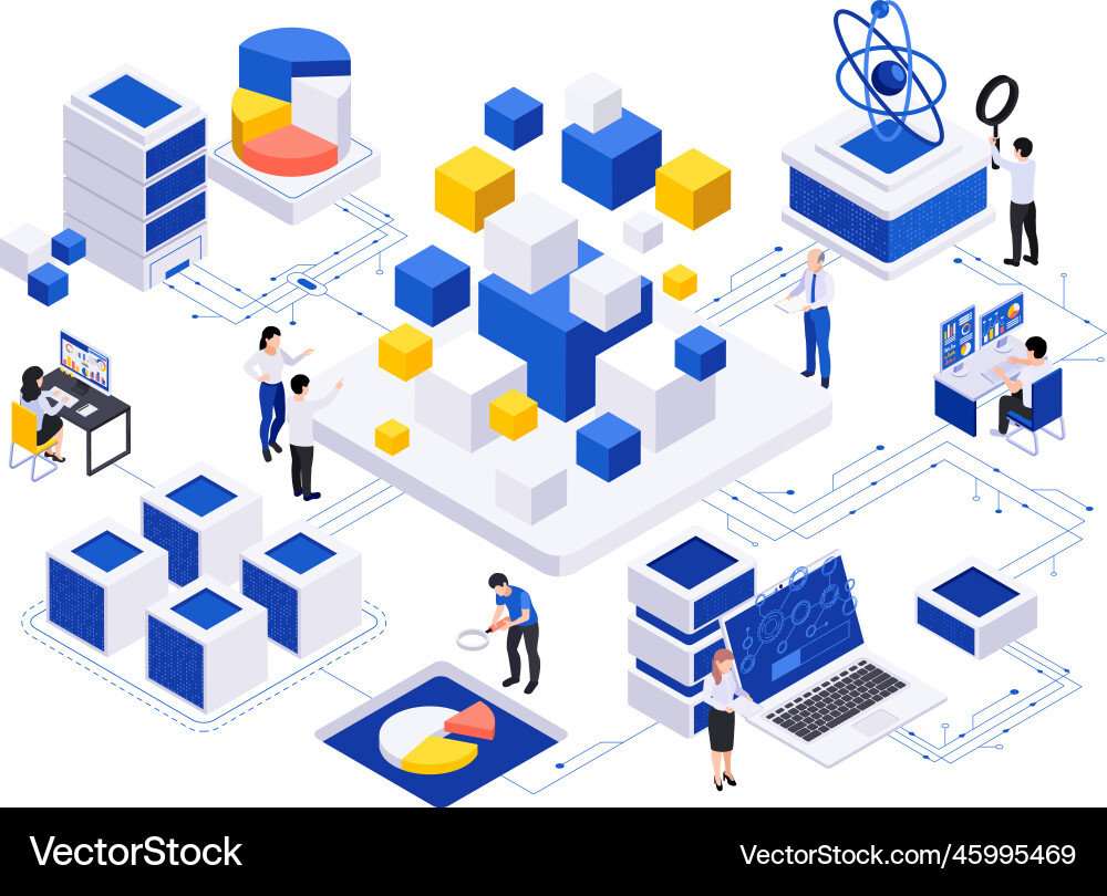 Isometric data cubes flowchart Isometric data cubes flowchart vector image