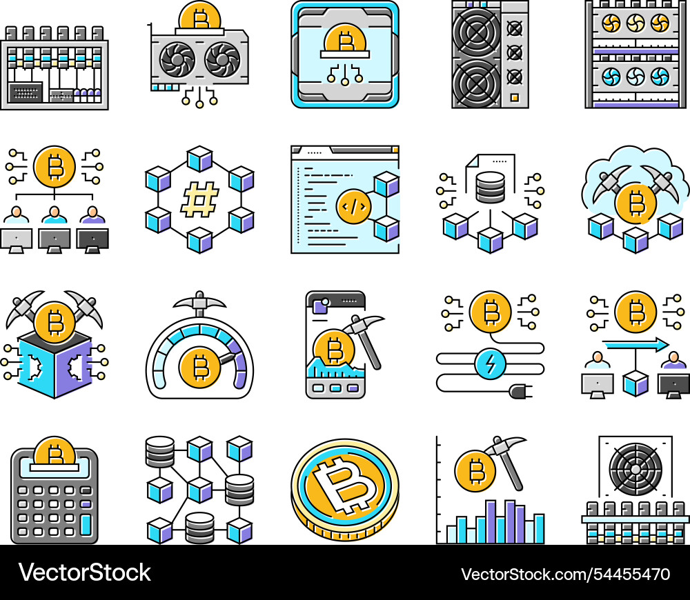 Cryptocurrency mining blockchain icons set Vector Image