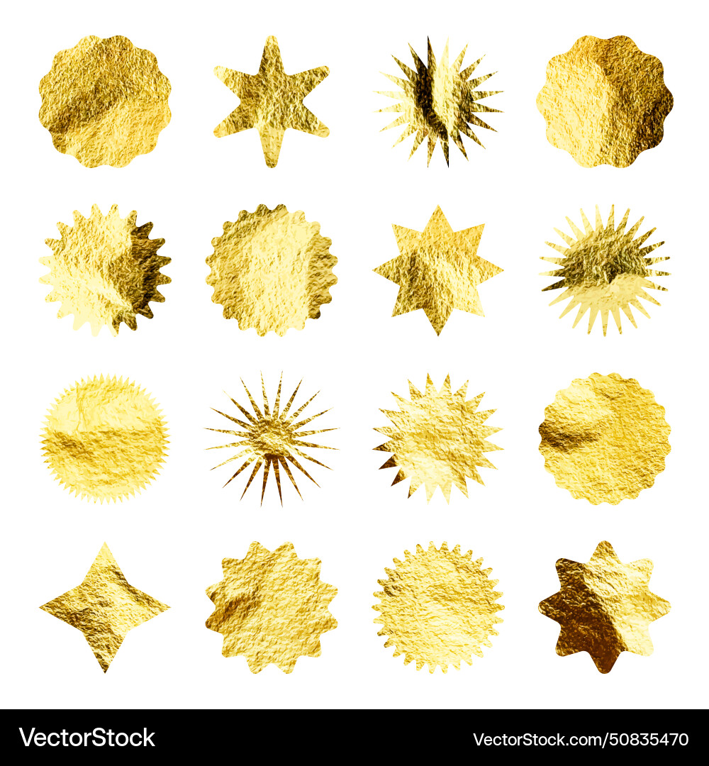 Golden stars sunburst symbols shiny gold foil Golden stars sunburst symbols shiny gold foil vector image