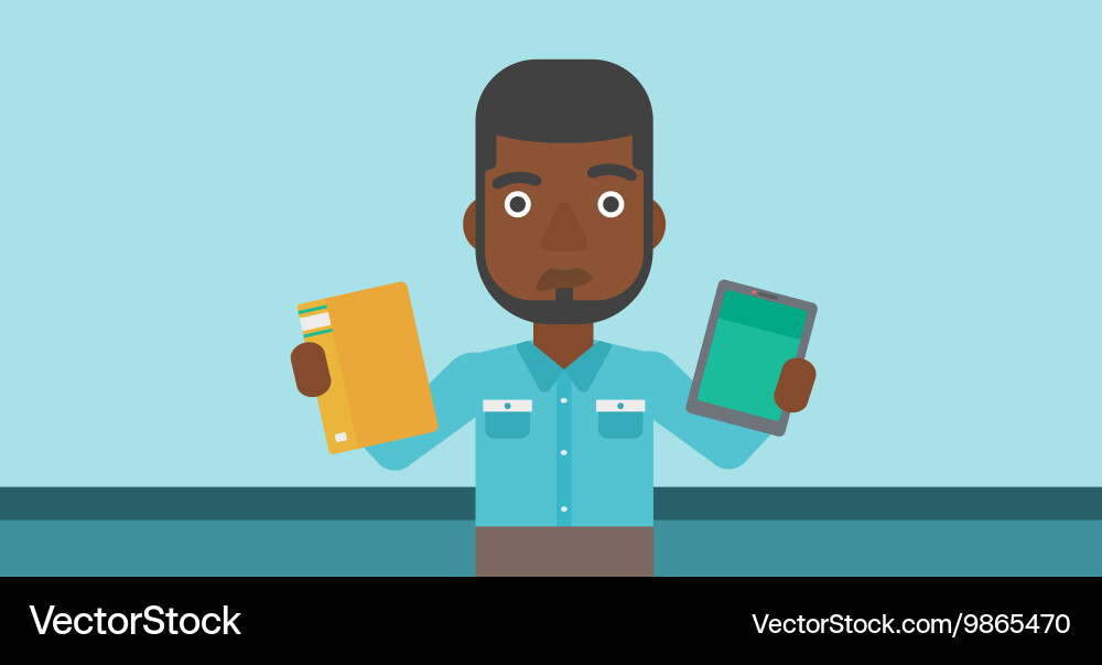 Man choosing between book and tablet computer Vector Image