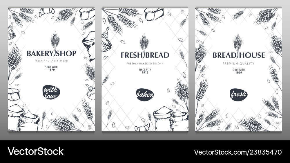 Set of bakery backgrounds with wheats linear Vector Image